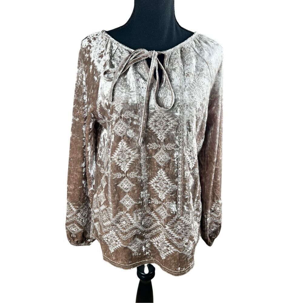 SAVANNA JANE tan crushed velvet Western Boho Embroidered Long Sleeve Blouse S